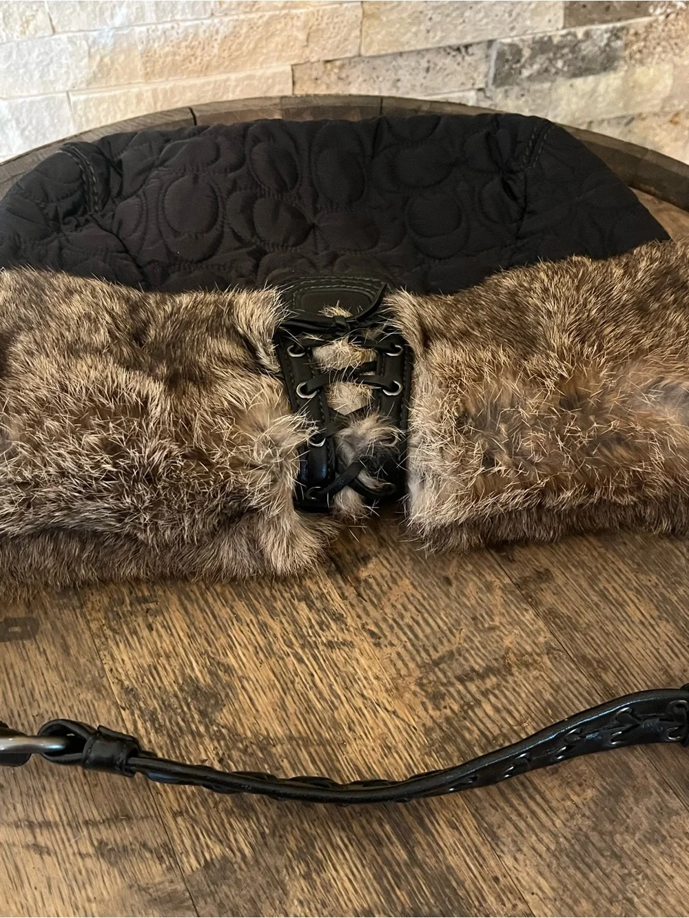 Coach Vintage Black Leather and Rabbit Fur Shoulder Bag